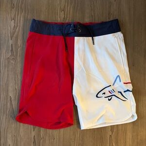 NWT Greg Norman Shark Swim Trunks Men’s M Red White Colorblock Board Shorts